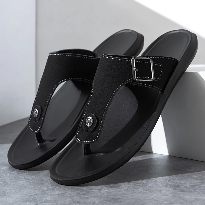 

Мужские коричневые кожаные шлепанцы, летние повседневные сандалии, модные уличные нескользящие пляжные тапочки, мужские большие размеры 48