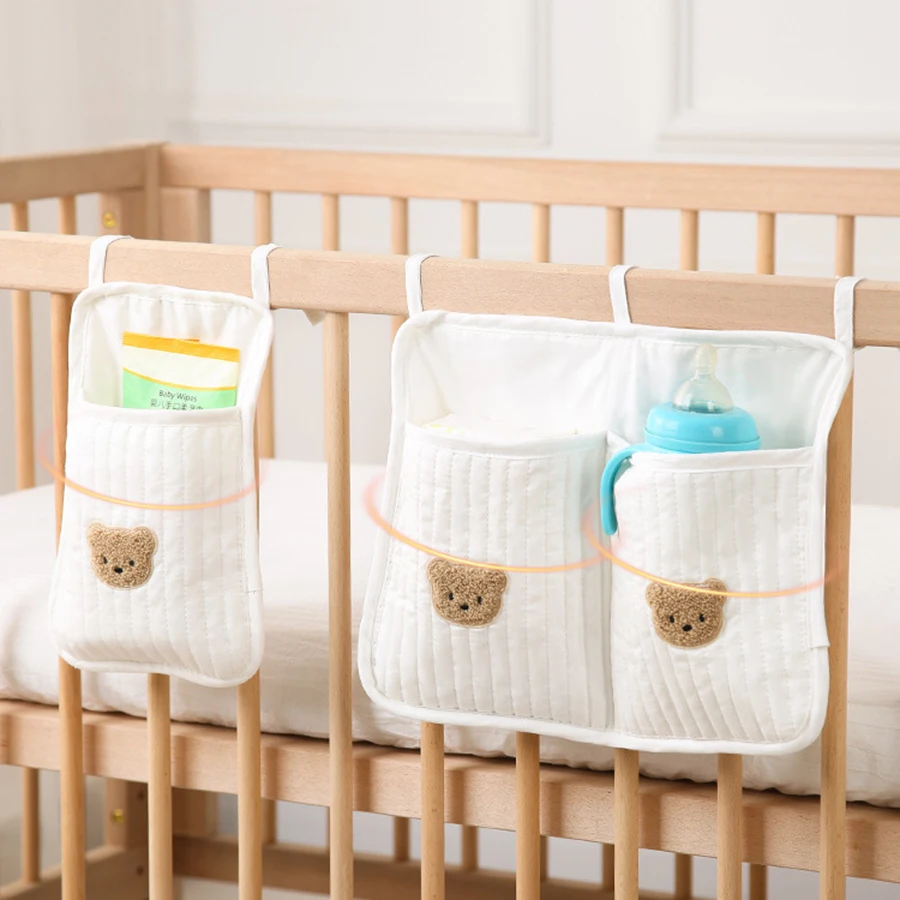 New Baby Bed Storage Bag Double Pocket Bedside Diaper Organizer Soft Cartoon Bear Print Newborn Crib Hanging Bag for Nursery