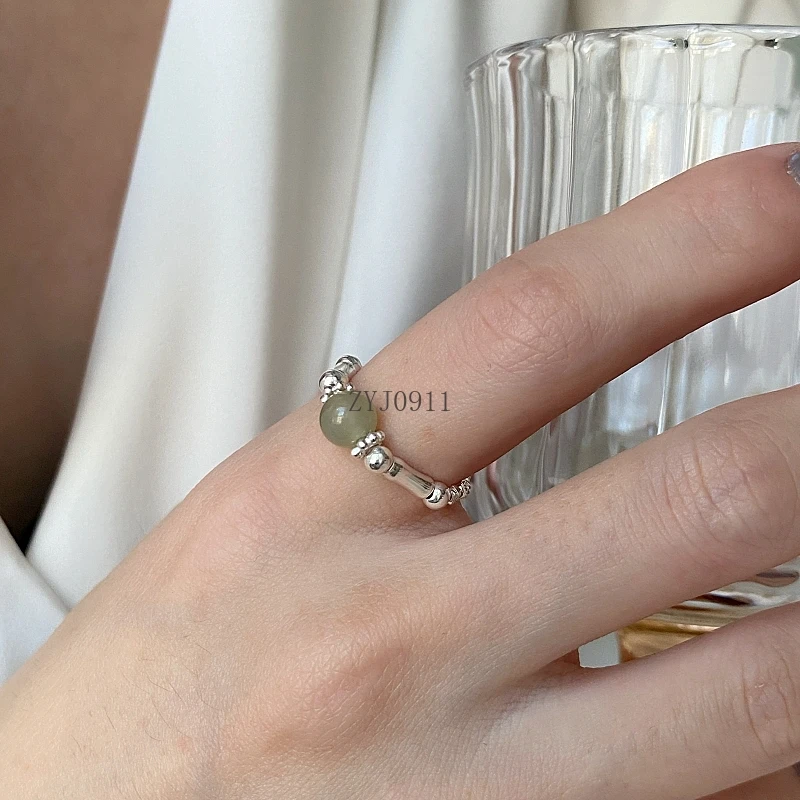 خاتم من الفضة الإسترليني من الخيزران المكسور من اليشم الهيتي مصنوع يدويًا مطرز بحبل مرن صيني جديد