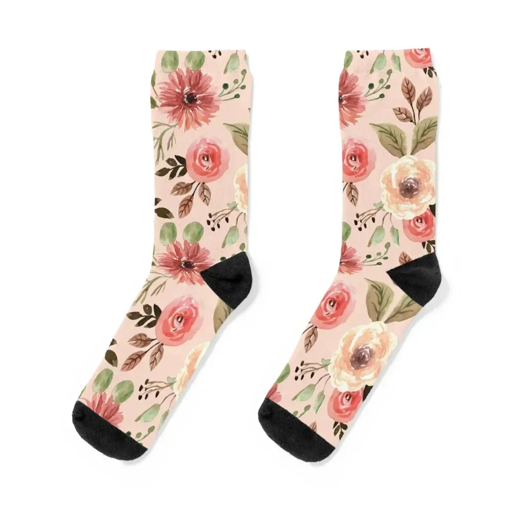 

Terracotta flowers and warm leaf watercolor seamless pattern Socks golf cartoon hiking retro Women's Socks Men's