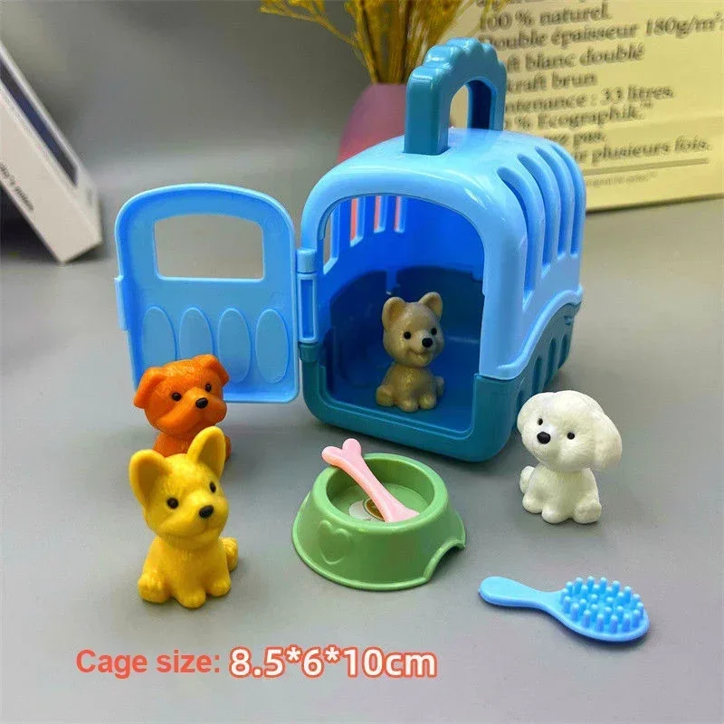 8pcs/set Cute Dog Pet Basket Family Toys Dog Doll Set Dog Cage Toys Scene Playing Toys Christmas Decoration Gifts