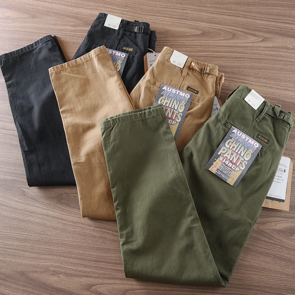 2024 Spring and Autumn New American Retro Heavyweight Chino Cargo Pants Men's Simple 100% Cotton Washed Straight Casual Trousers