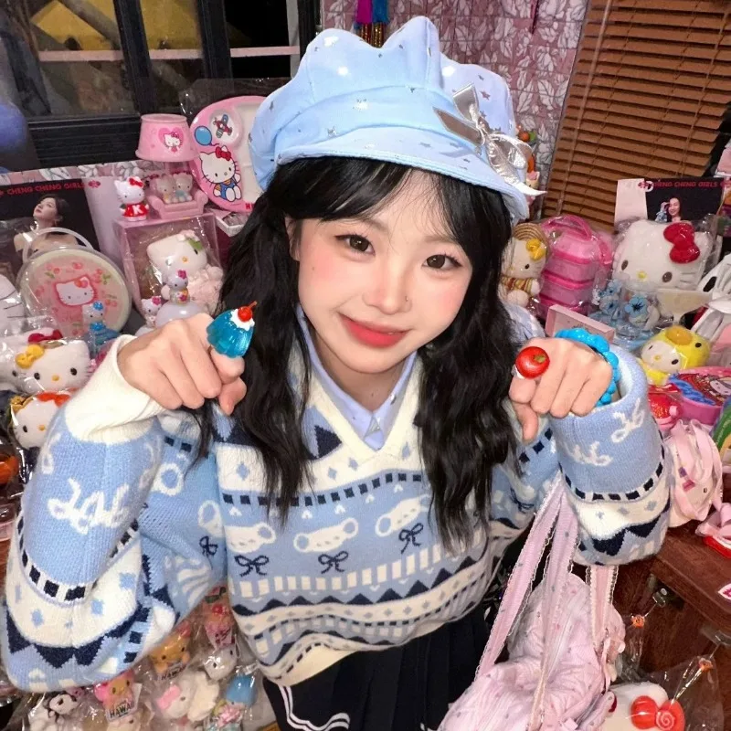 Korean Removable Rabbit Ear Beret Trend Spring and Summer Y2K Star Print Cute Large Version Octagonal Newsboy Cap for Women