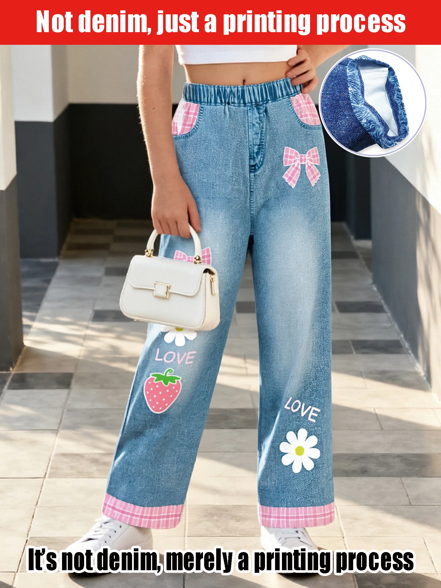 

Широкие брюки с высокой талией и бантом для девочек, свободные повседневные прямые джинсы из искусственного денима для детей