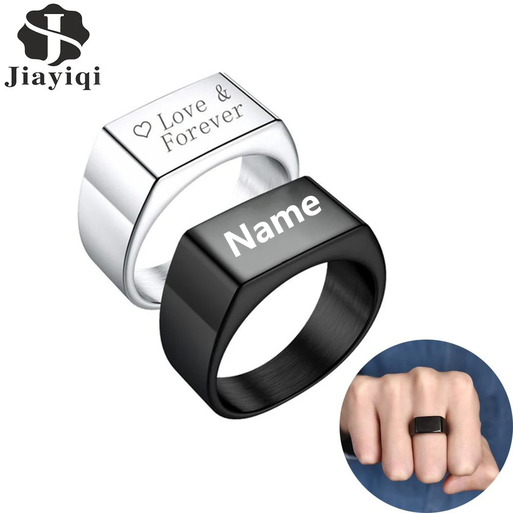 Jiayiqi Personalize Stainless Steel Customized Ring Engraved Name Texts Logo Photo Signet Rings for Men Women Jewelry Party Gift