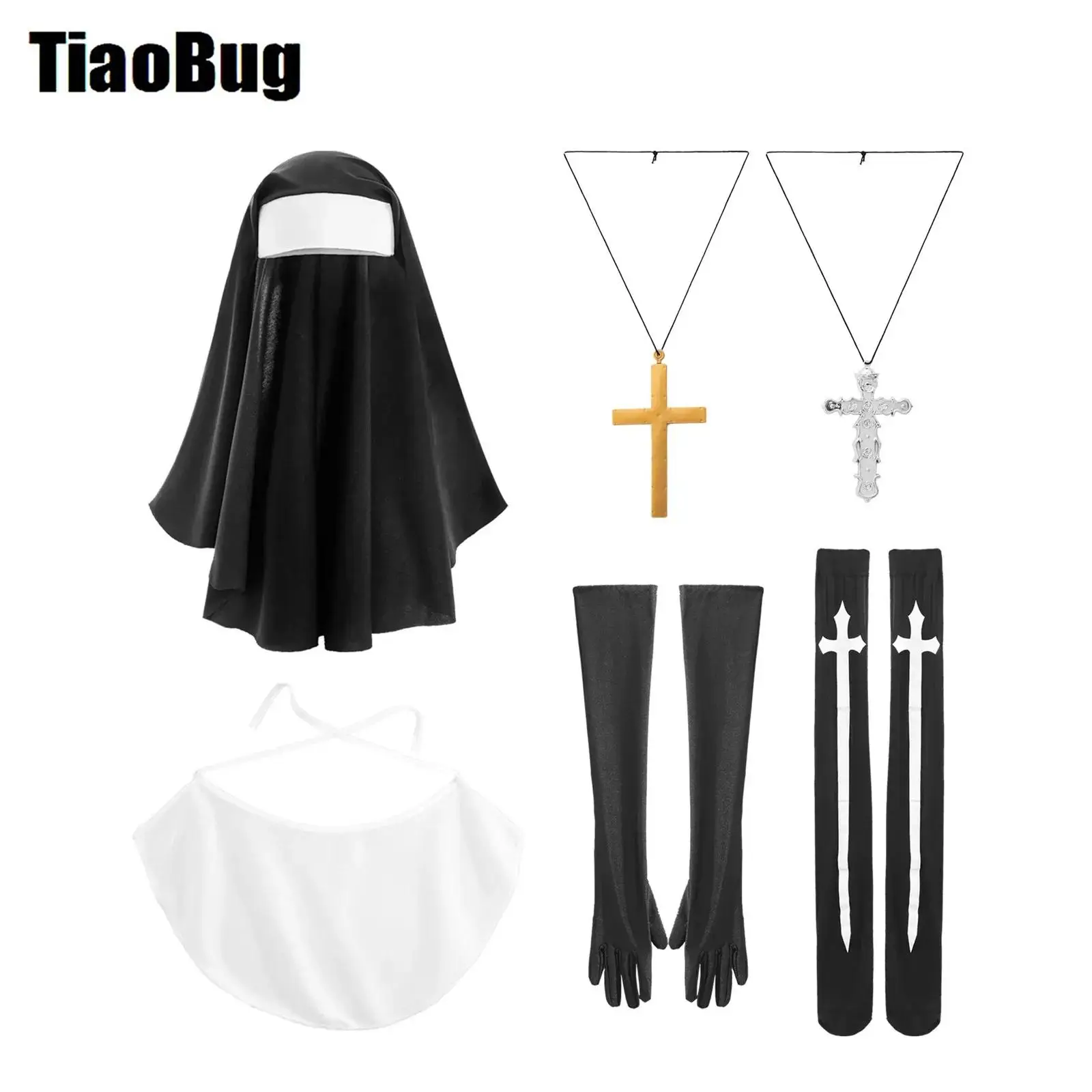 Nun Missionary Cosplay Costume Suit Nun Hat Priest Cross Headdress Silk Tube Stockings Gloves Plastic Cross Necklace Halloween