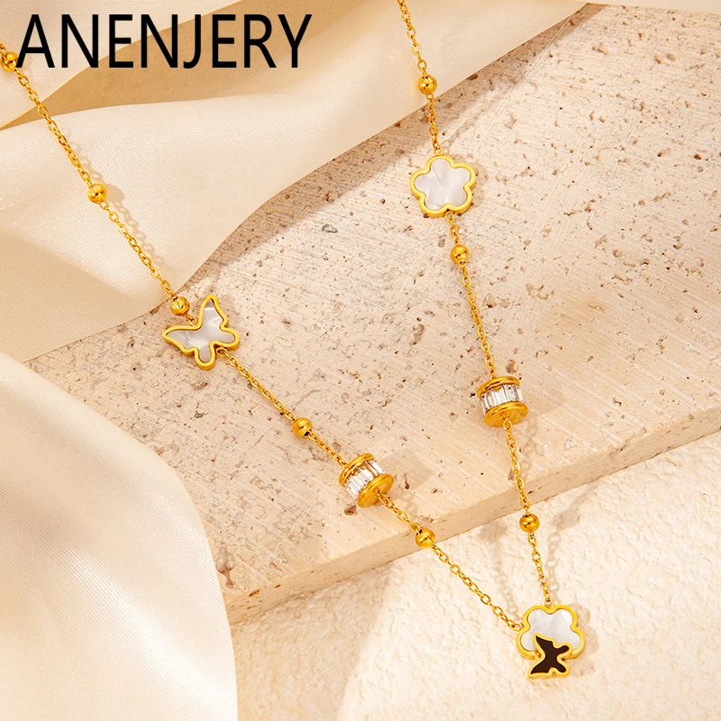 ANENJERY 316L Stainless Steel Star Butterfly Flower Heart Necklace For Women Bohemia Elegant Jewelry Gifts Wholesale