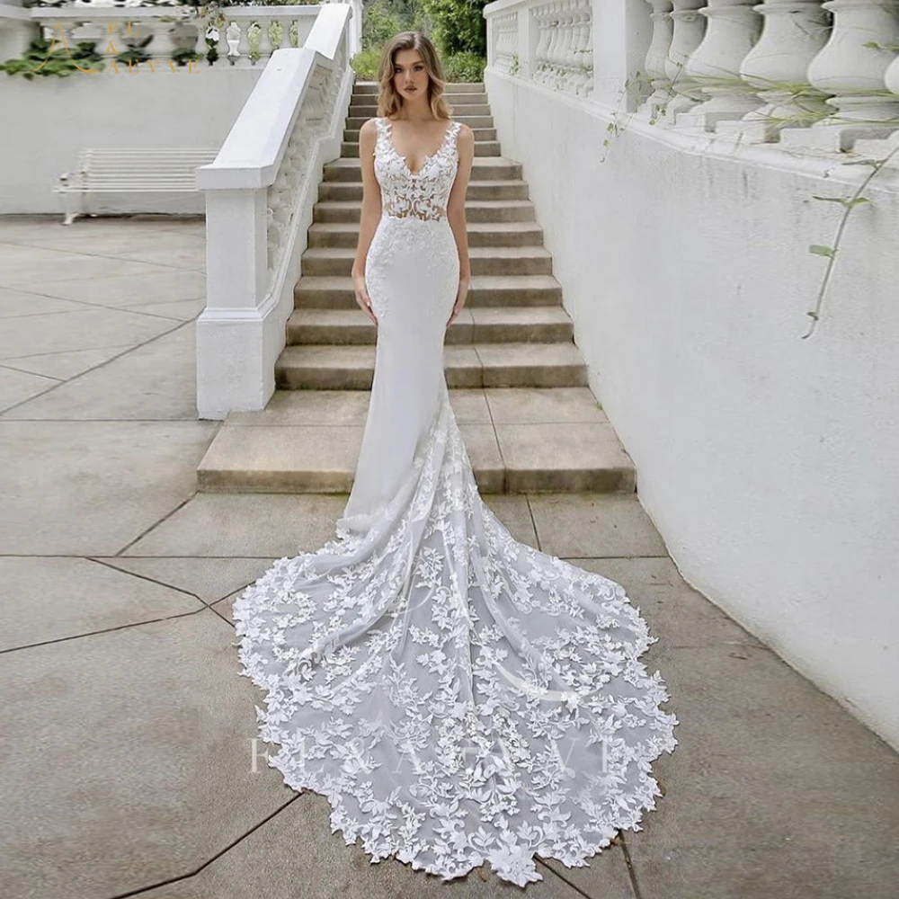 FL&AEVVE Customized Elegant Lace Wedding Dress with Chapel Train Appliques Backless Mermaid Bridal Dresses Party Gown