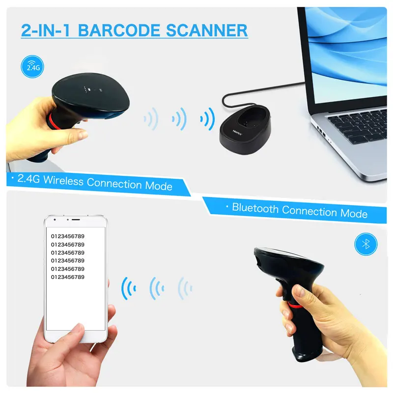 Bluetooth 2D Barcode Scanner Automatic Wireless Handheld Scan Gun Data Matrix PDF417 QR Barcode Reader for POS System