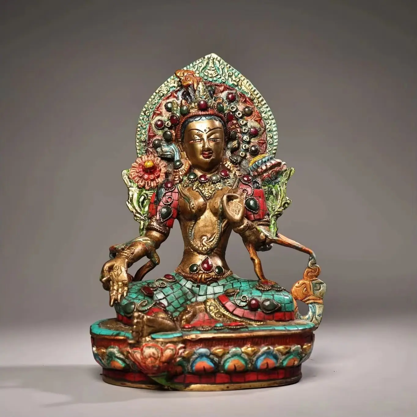 

12"Tibetan Temple Collection Old Bronze Painted Outline in gold Mosaic Gem Turquoise Head Light Green Tara Sitting Buddha
