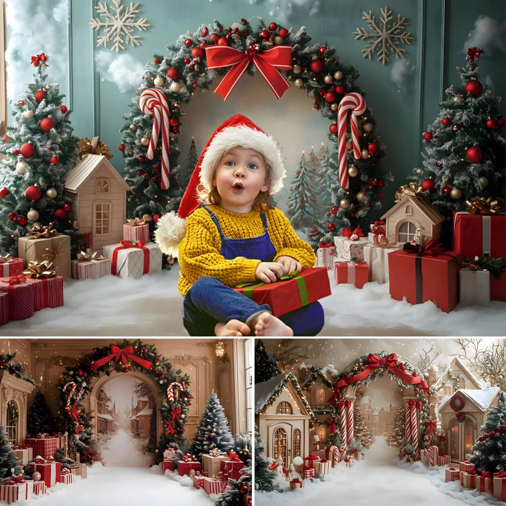 

Winter Christmas Photography Backdrop North Pole Town Snow Street Candy Cane Arch Door Indoor Xmas Tree Kids Portrait Background