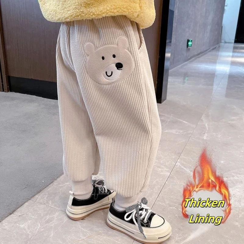 

Thickened Fleece Winter Pants for Kids 1-6Y with Bear Patch Casual Warm Thermal Joggers for Baby Boys And Girls