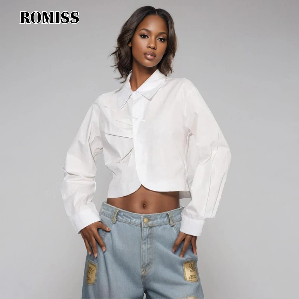 

ROMISS Slimming Striped Shirt Female Lapel Long Sleeve Temperament Folds Casual Fashion Blouse For Women Autumn Style Style