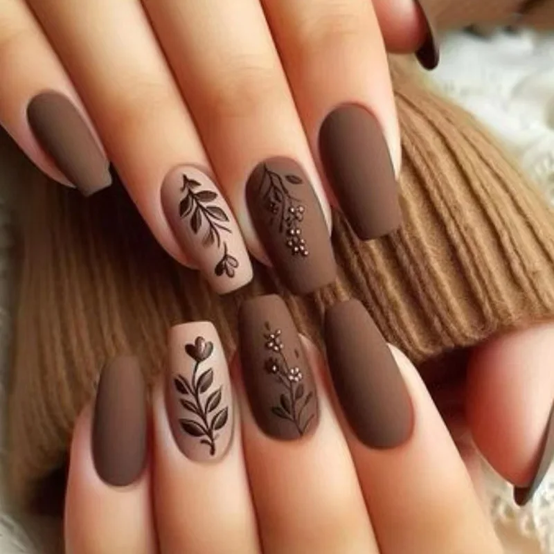 24pcs Autumn Press on Nails Flower Press on Nails Plants Fake Nails with Brown Yellow Leaves Design Full Cover Acrylic Nails Tip