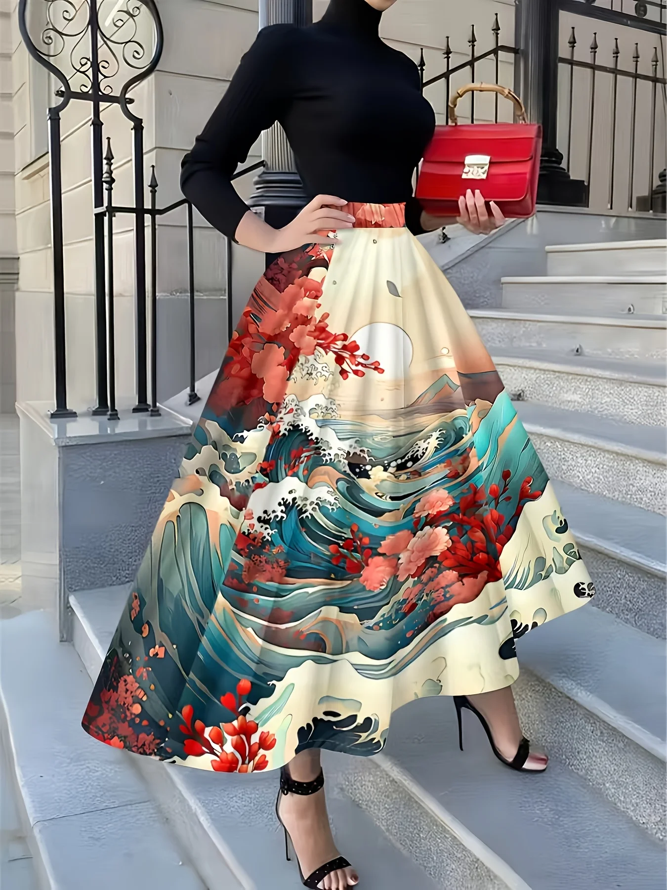 Women High Waist Maxi Skirt Ocean Wave Floral Landscape Print A‑Line Swing Long Skirt Elegant Party Holiday Casual Flowy Bottoms