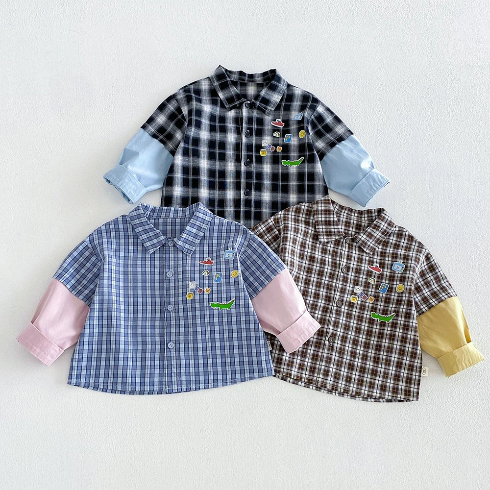 MILANCEI Children's Blouse 1-6T Patchwork Grid Shirt for Girl Cartoon Printing Kids Clothes Thin Autumn Boys Tops and T-shirts