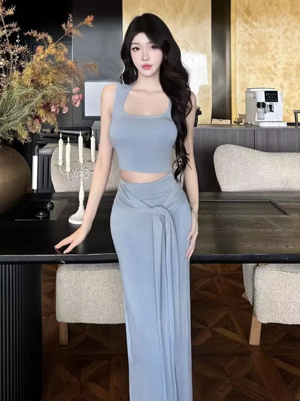 

Slim Fit Sexy Vest Svel Top And Skirt Two Piece Set for Young Women Cotton Material Faionable Summer Outfit