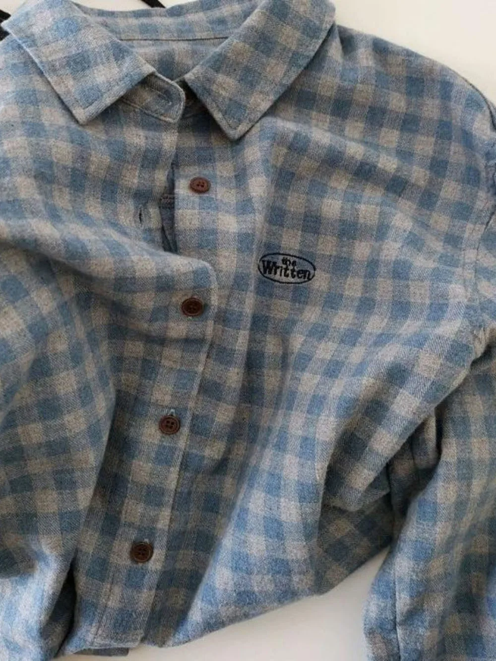 New Blue Gray Checker Pattern Womens Shirt Lapel Design Blouse Loose Fit Long Sleeve Top Spring Summer Single Button Tops