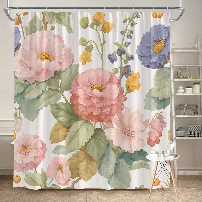 

1 шт. пышная занавеска для душа с цветочным узором, полиэфирная ткань, можно стирать в машине, подходит для украшения ванной комнаты