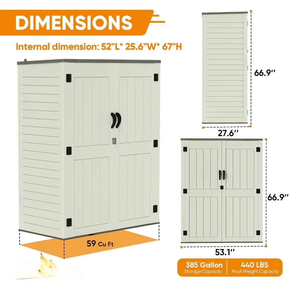 4.5 x 5.7 feet outdoor storage shed, HDPE resin plastic 385 gallon outdoor storage box, vertical lockable storage shed