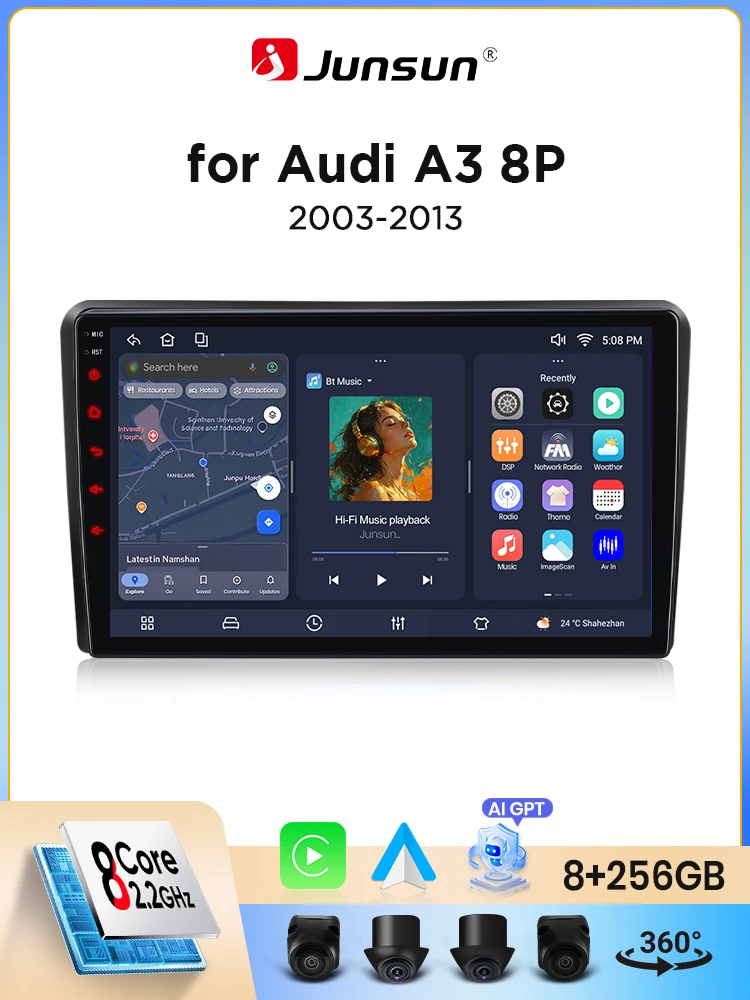 Junsun Kabelloses CarPlay Android Auto Autoradio für Audi A3 S3 RS3 8P 2003-2013 GPS-Navigation Multimedia-Player WiFi 4G DSP RDS Bluetooth FM AM SWC IPS Touchscreen Stereo Autoradio Head Unit