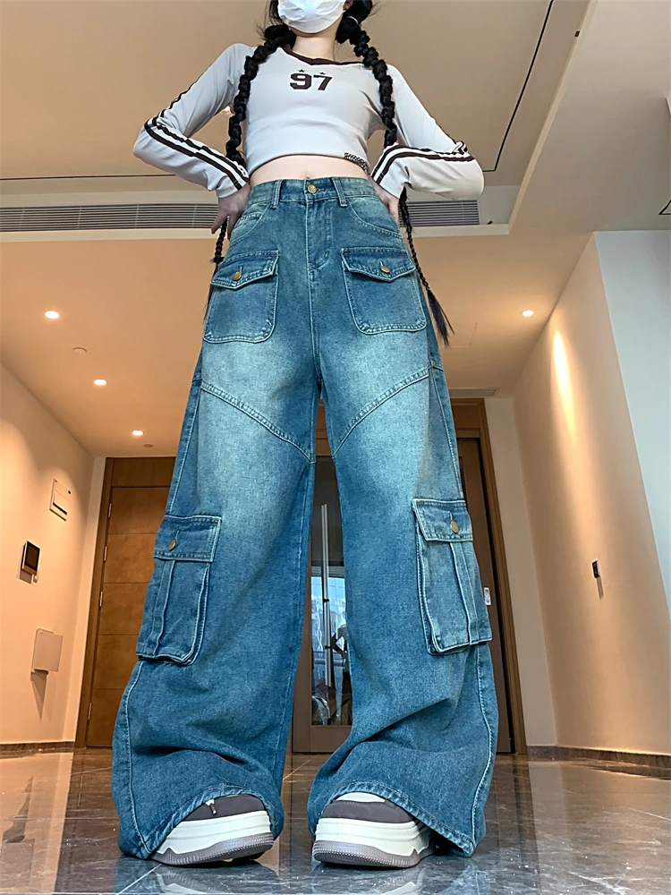 

Women's Multi Pocket Design Wide Leg Vintage Jeans Cool Girl High Waisted Streetwear Fashion Pants Female Casual Denim Trouser
