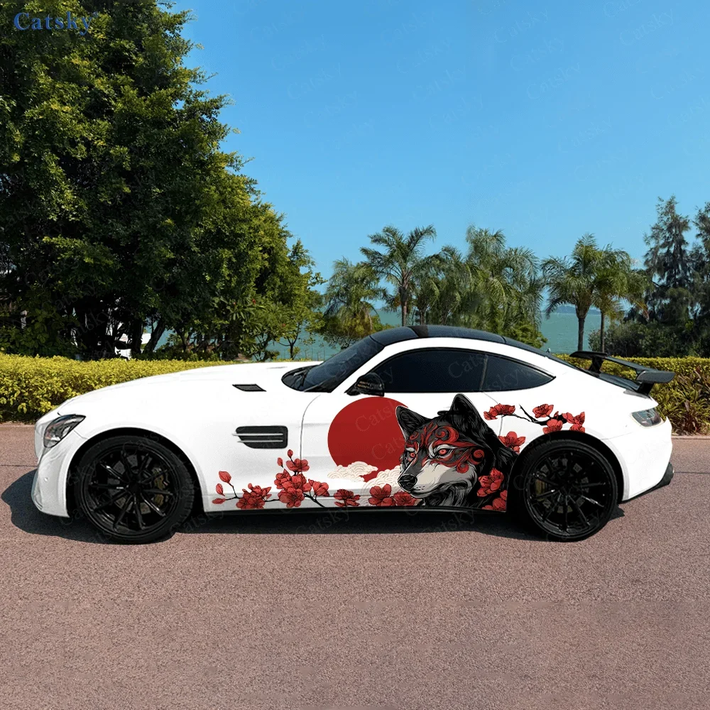 2pcs Wolf Red Sun Flower Car Vinyl Wraps Decal Self-adhesive PVC Sticker Suitable for Trucks SUV Decoration Auto Accessories