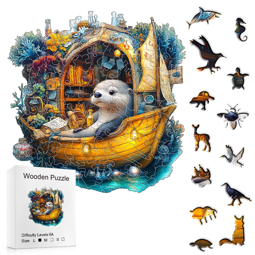 Otter liest im Boot Holzpuzzle, Fantasy-Ozean-Thema mit einzigartigen Tierfiguren als Geschenk und Dekoration