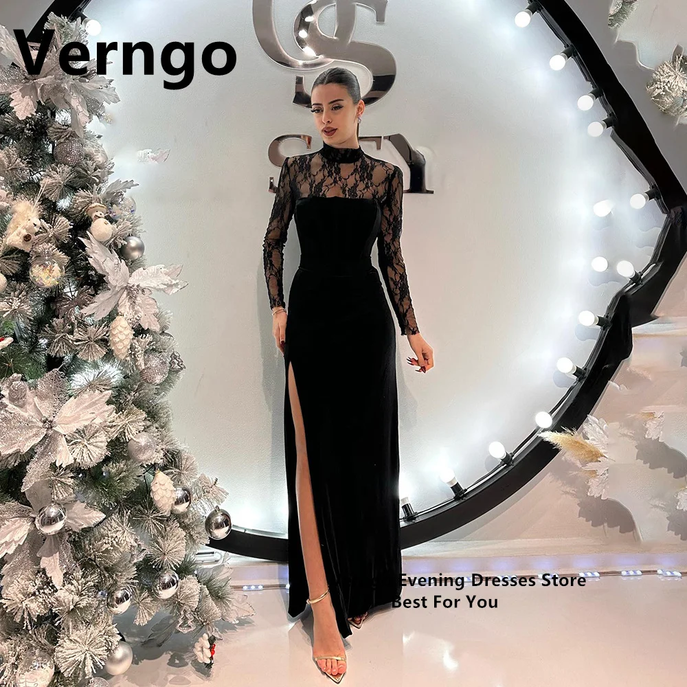 Verngo Black Velvet Party Dress Long Lace Prom Gowns For Women Split Formal Occasion Dress High Neck Evening Dress 2024