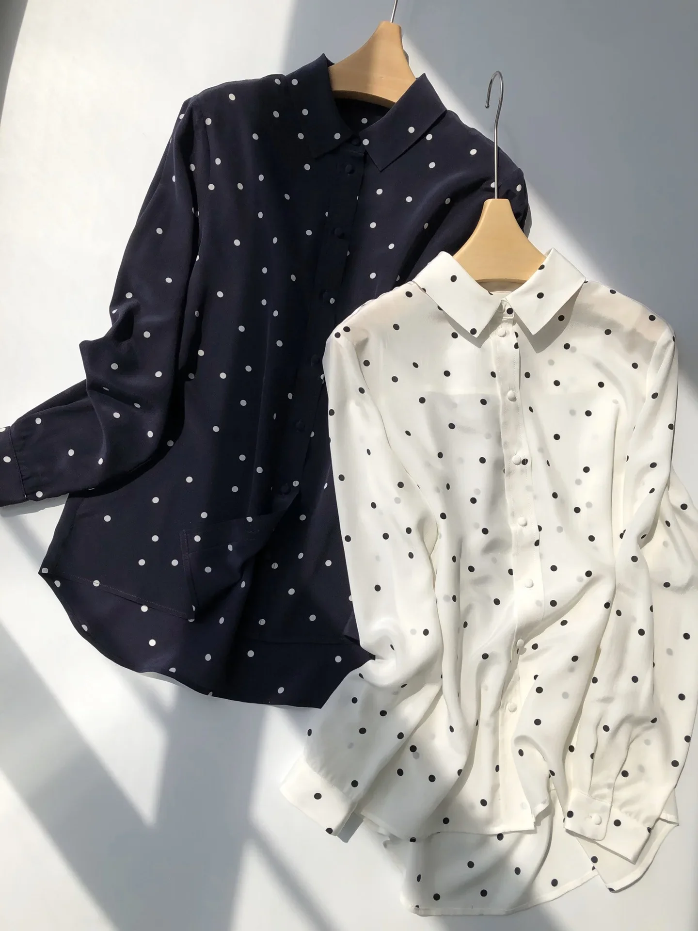 

French Polka Dot 100% Silk Shirt Top Elegant Blouse Basic Women Casual Print Long Sleeve Shirts Single Breasted Streetwear Tunic