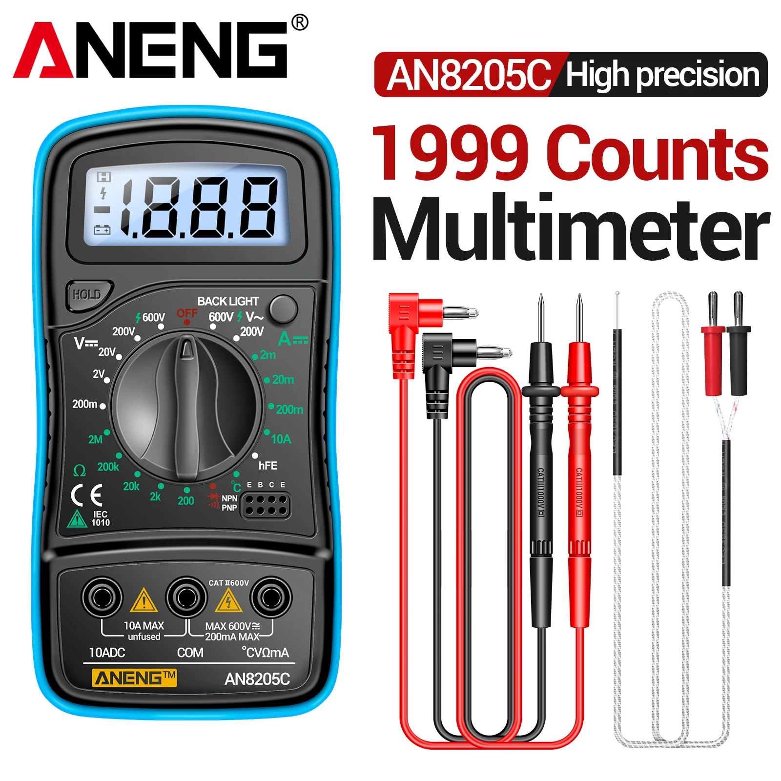 ANENG AN8205C Digitales Multimeter 600V AC DC 10A Temp HFE Triode Hintergrundbeleuchteter Bildschirm Tester für Heimwerkstatt Auto Elektrische Schaltkreisreparatur
