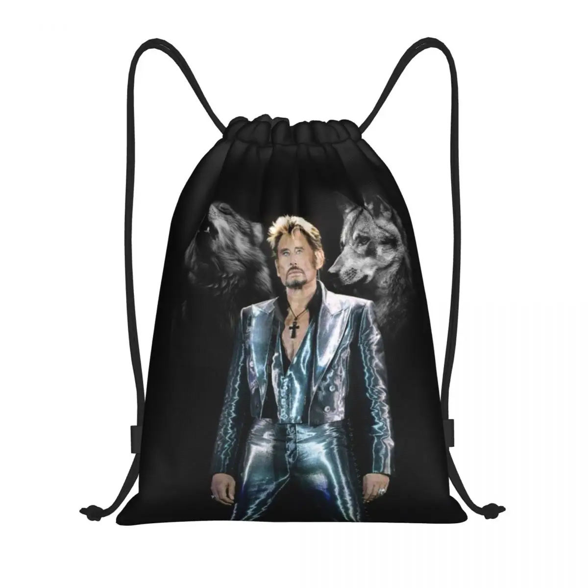 

Johnny Hallyday With Wolf Drawstring Bags Men Women Portable Gym Sports Sackpack French Rock Singer Shopping Backpacks