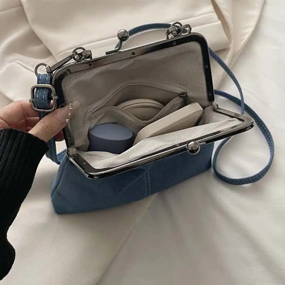 

Elegant Kiss Lock Shoulder Bag Solid Color High Quality Denim Blue Crossbody Bag Large Capacity Purse Vintage Women's Handbag