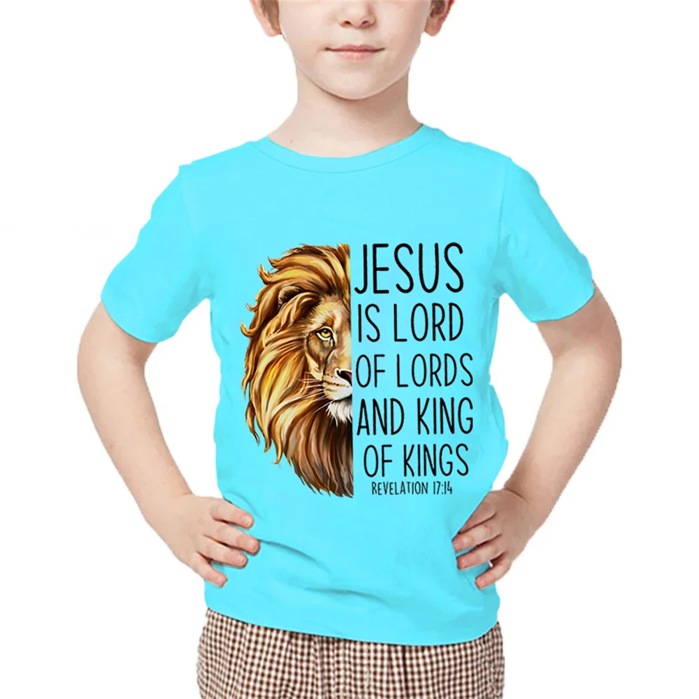 Kids Animal Tshirts Jesus Letter Graphic T Shirts Short Sleeve Clothes Child Boy Tee Shirts Cartoon Lion Print Children Clothes