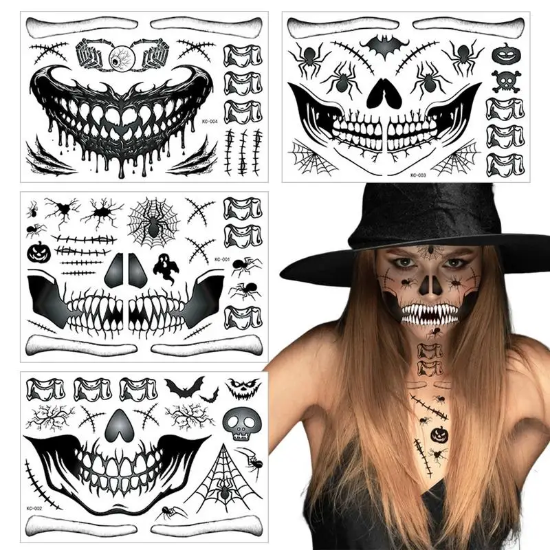 Halloween Face Stickers 4PCS Realistic Mouth Scars Halloween Sticker Sheets Waterproof Halloween Masquerade Props Zombie Cosplay