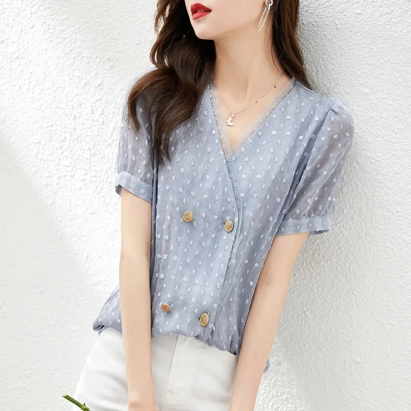 Korean Fashion Summer New Women's V-Neck Solid Color Lace Patchwork Double Breasted Temperament Loose Short Sleeve Shirts Tops