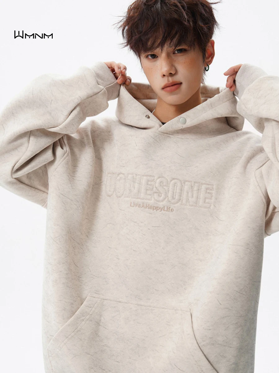 

Heavyweight Sand Waed Embroidered Hoodie Men's Autumn Winter Fce Lined Trendy Vintage Casual Overhead Jaet