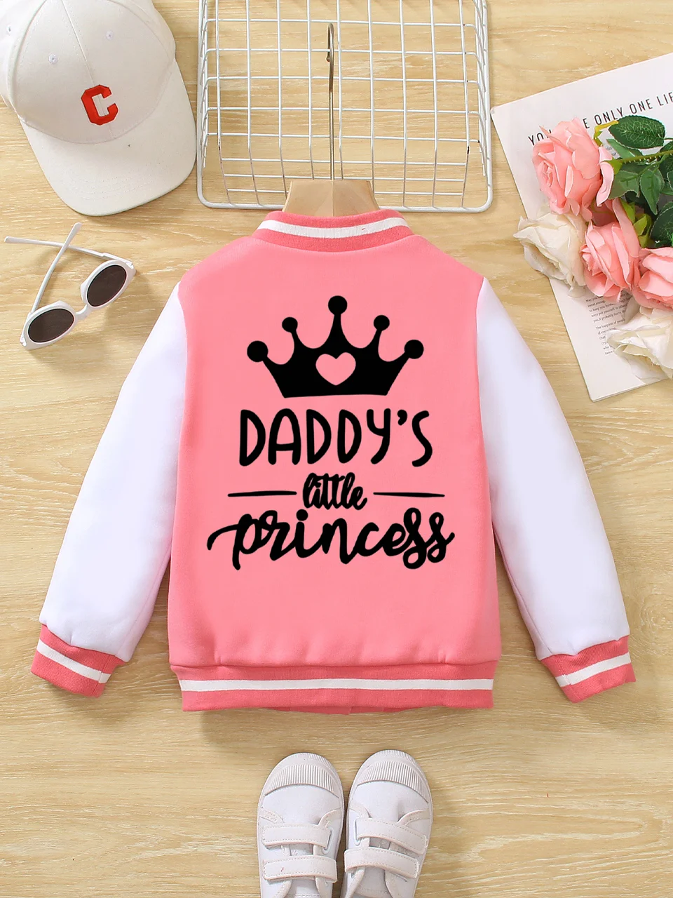 Autumn And Winter Casual And Fashionable Girls' Letter Cartoon Printed Pink Baseball Jackets, Suitable For Daily Outings