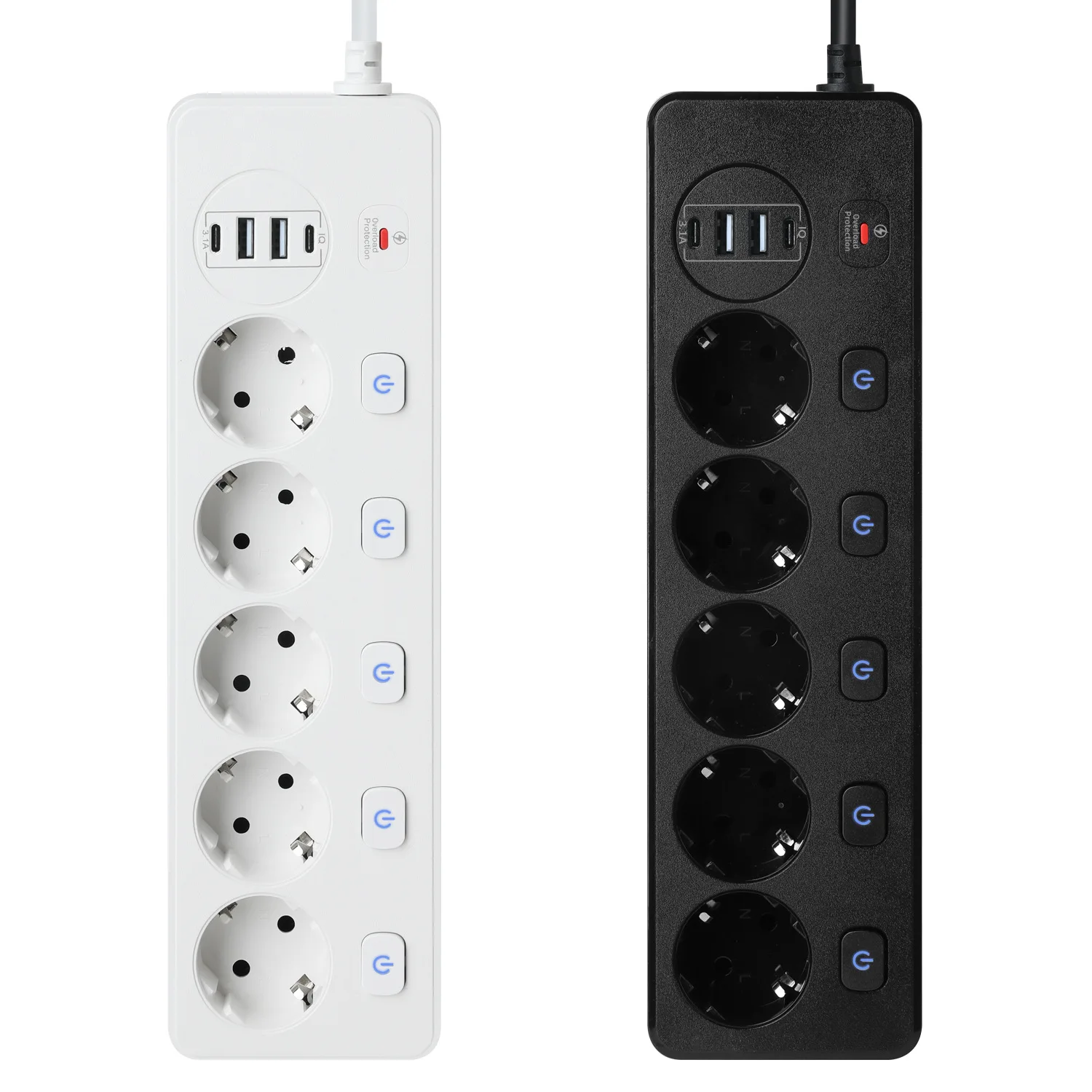 European Style Smart Power Strip with Multi USB Port Type-C 5 Outlets Socket with Overload Protection and Independent Switches