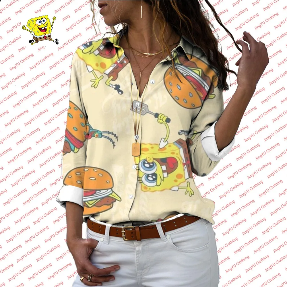 Summer casual shirt SpongeBob cartoon shirt comfortable and versatile new style trendy women\'s lapel long-sleeved shirt