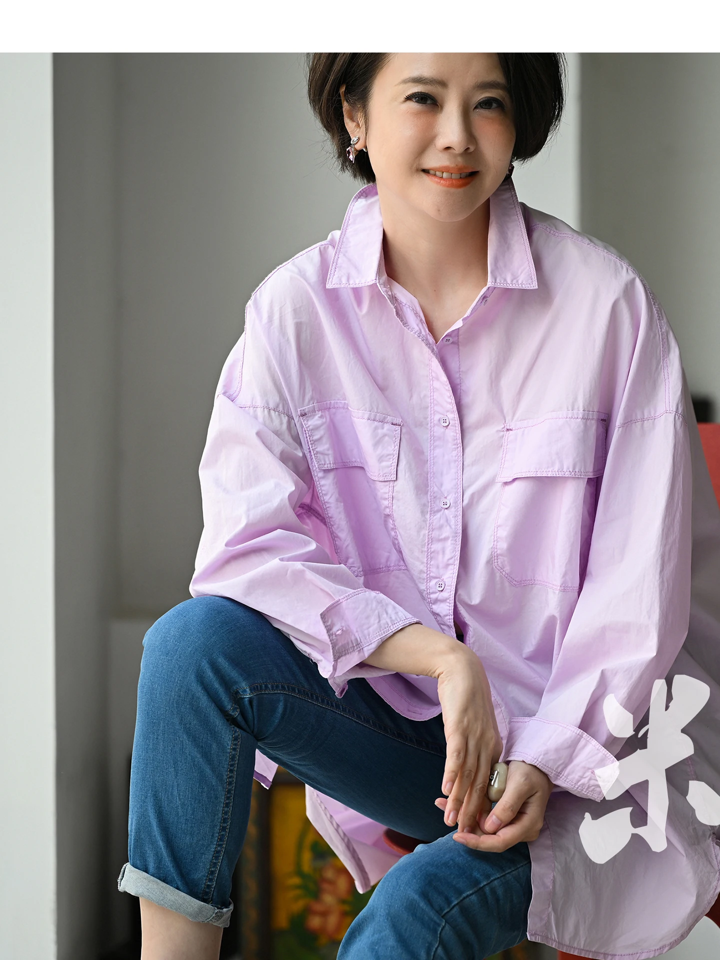 

Artistic Casual Light Purple Long Sleeve Double Pocket round Hem Midi Shirt Women Spring 2026 Pure Cotton Breathable