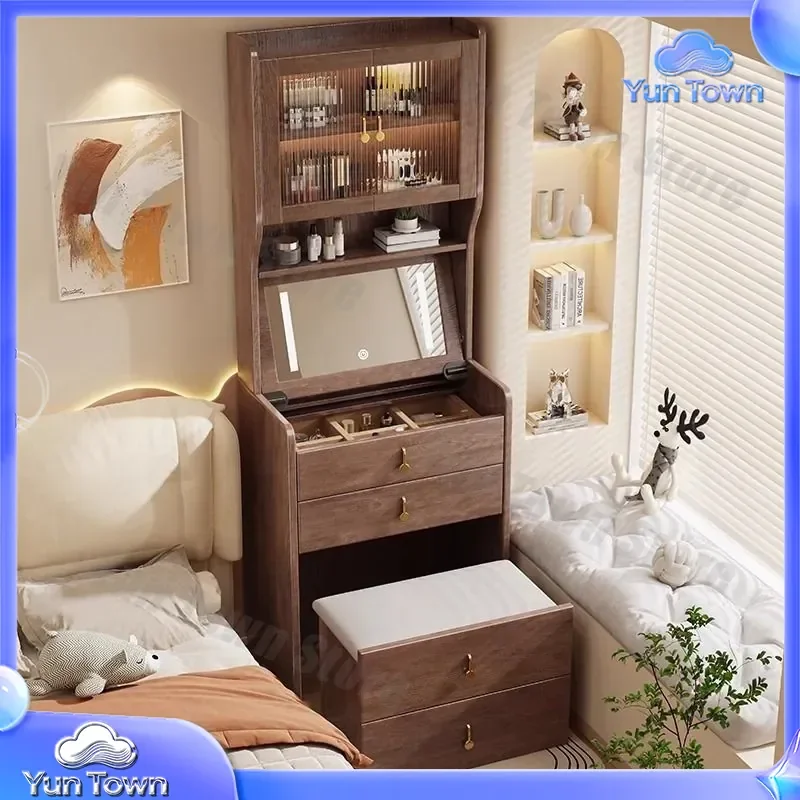 Solid Wood Dresser Chest with Integrated Bedroom Light Luxury Flip Cover Mirror Makeup Table Bedside Small Desk Storage