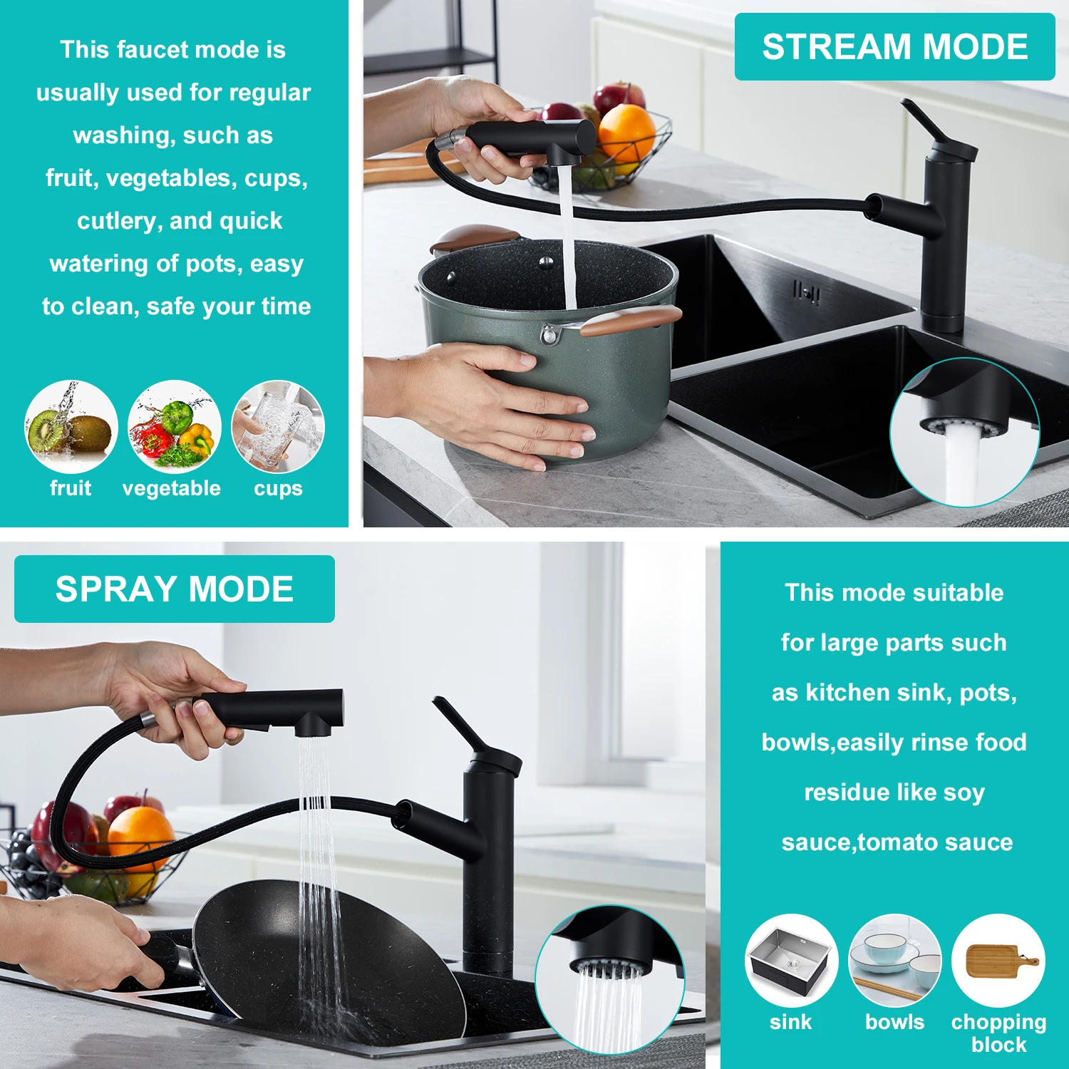 صنبور حوض الفولاذ المقاوم للصدأ الأسود، خرطوم قابل للتمديد، صنبور المطبخ الأسود