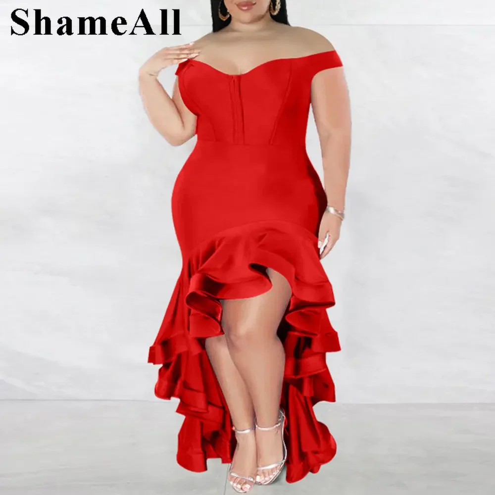 

Plus Size Layered Flounce Ruffles Maxi Party Dress 4XL Elegant Women Off The Shoulder Irregular Ruffles Hem Evening Prom Dresses