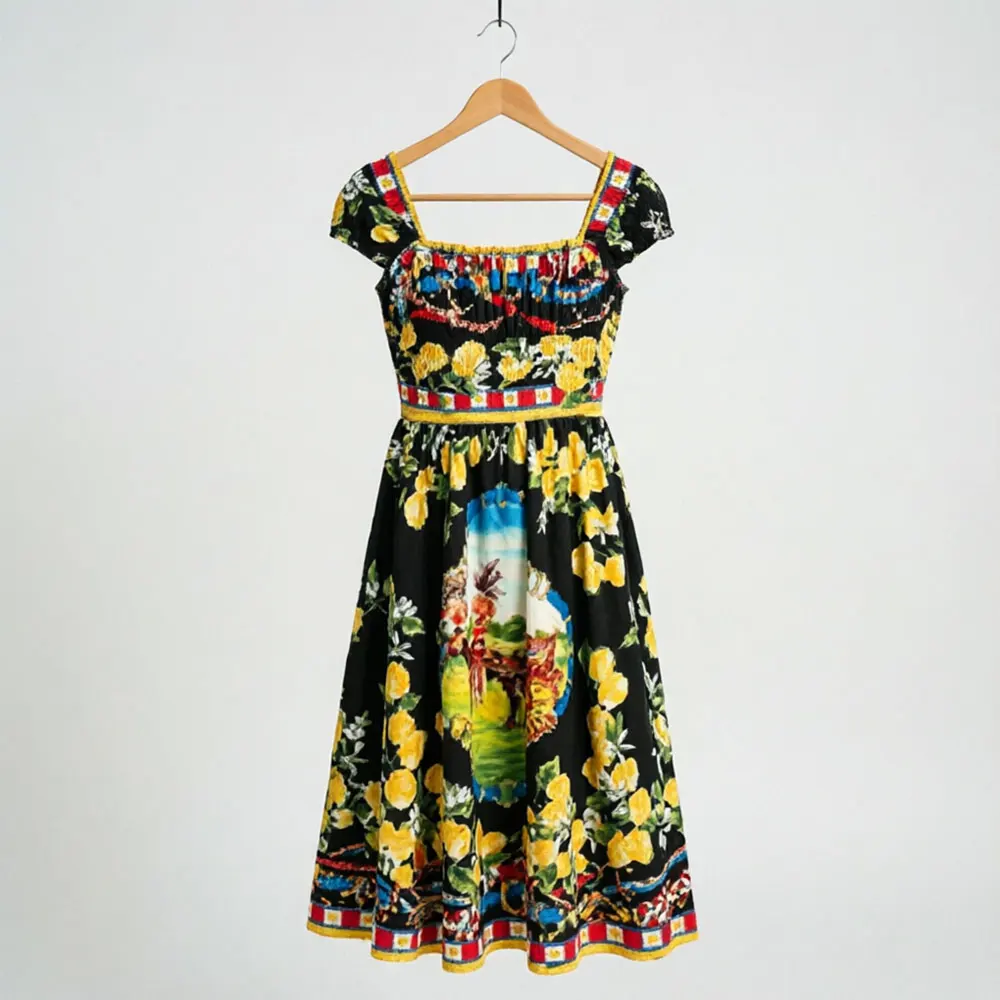 

Retro Fruit Landscape Print Dress Ladies Square Neck Short Cap Sleeve Slim Waist Swing Midi Dress Luxury Vacation Vestidos