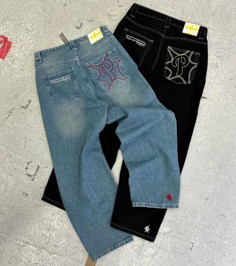 

New American Y2K Hot Selling Retro Hip Hop Embroidered Jeans Harajuku Ins Rock Goth Street Wear Loose Wide Leg Pants Men Women