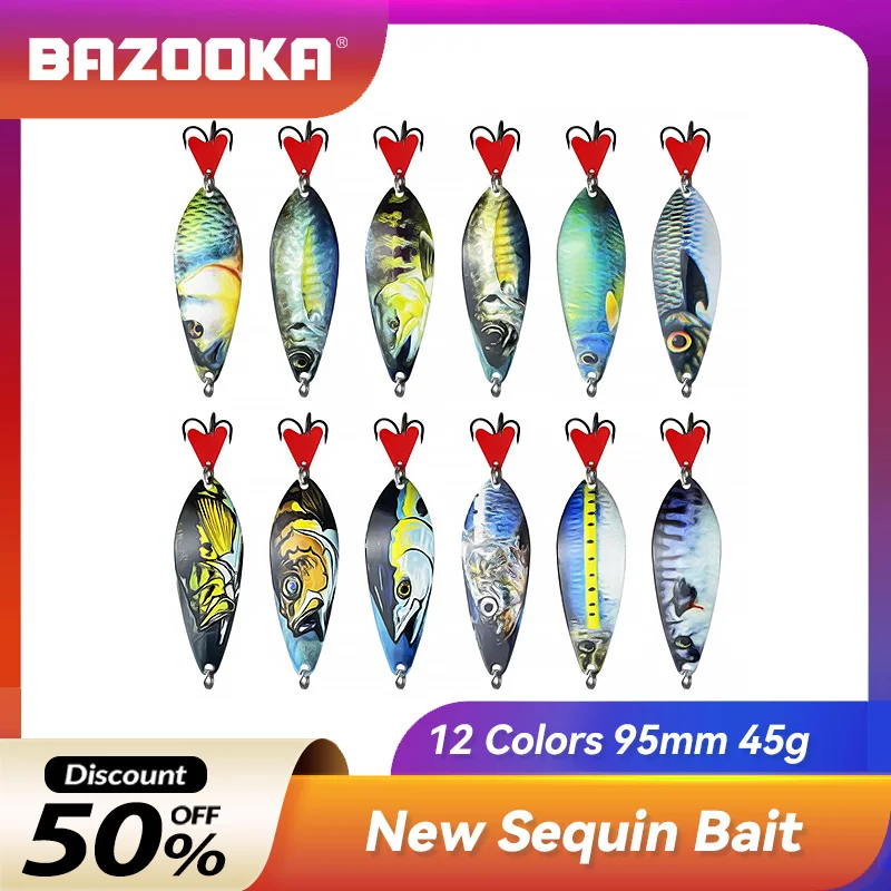 

Bazooka Fishing Lure 95mm40g Big Metal Rotator Spoon Trout Hard Bait Sequin Noise Artificial Willow Leaf Shaped Iron Hook Bass