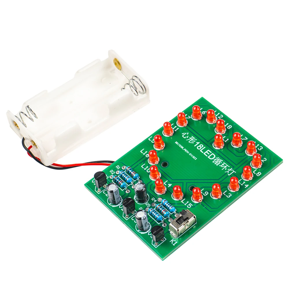 Diy em forma de coração led fluindo luzes kit eletrônico 18 luz led vermelha pcb kit de solda com caixa de bateria módulo de placa de circuito dc3v