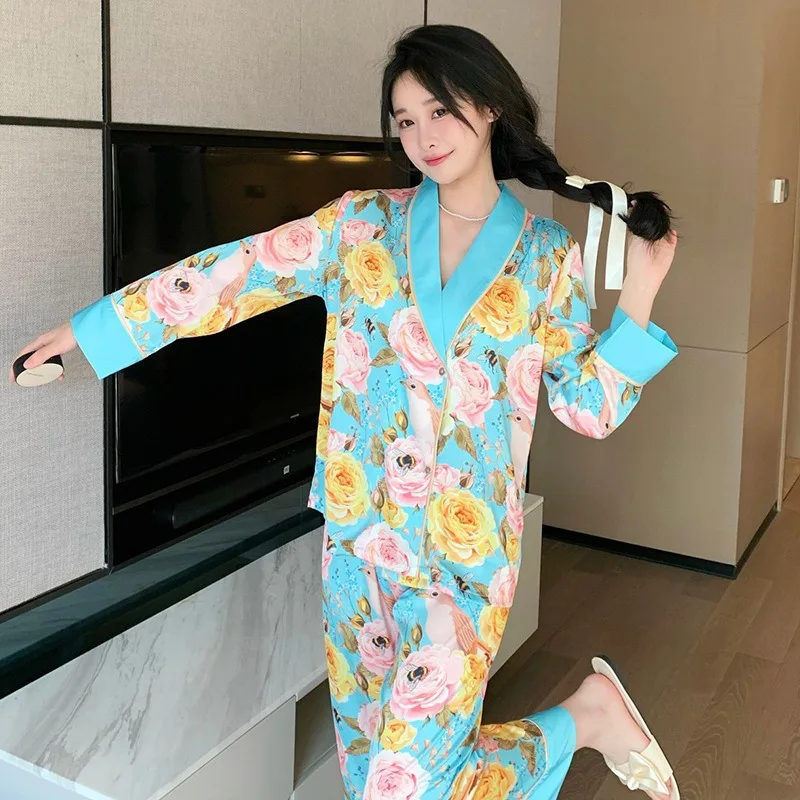Spring and Summer Underwear Ice Silk Pajamas Women's New loose Long-sleeved Trousers Sweet Loungewear Set Can Be Worn Outside