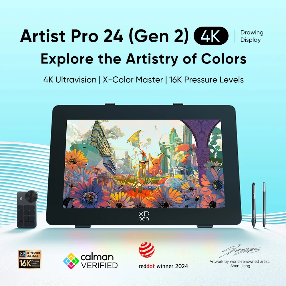 

XPPen 4K Artist Pro 24 (Gen 2) Графический планшетный монитор 23,8-дюймовый дисплей Calman с проверенными возможностями Двойной 16 тыс. уровней Стилус Поддержка наклона 60